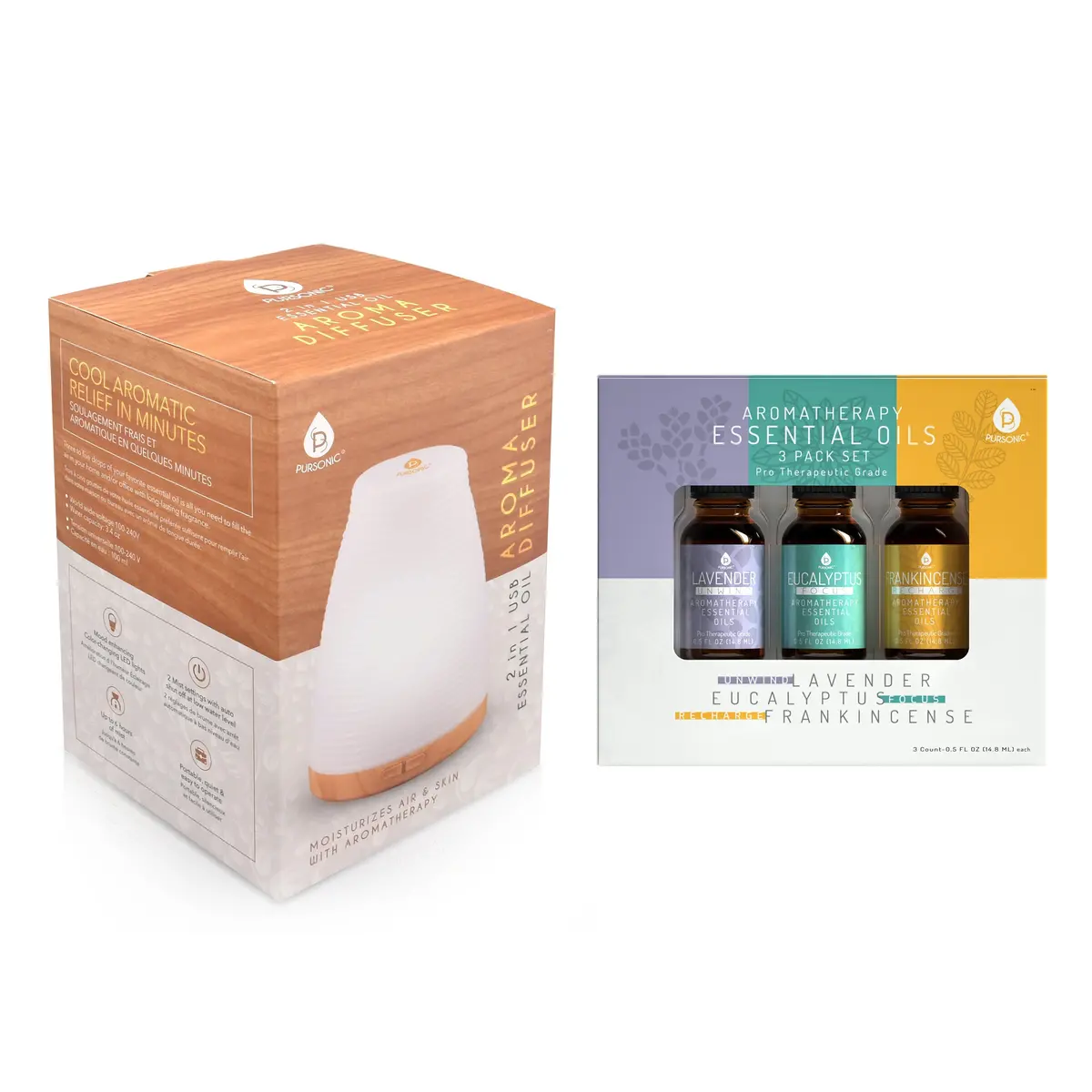 Pursonic Aromatherapy 2 In 1 Usb Diffuser & Essential Oil Set-Ultrasonic Top 3 Oils-300Ml With 2 Mist Settings 7 Ambient Light Settings 1