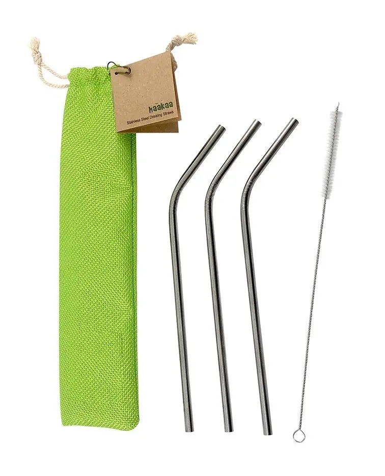 Haakaa Curved Stainless Steel Straws With Cleaning Brush, 3 Pk 1