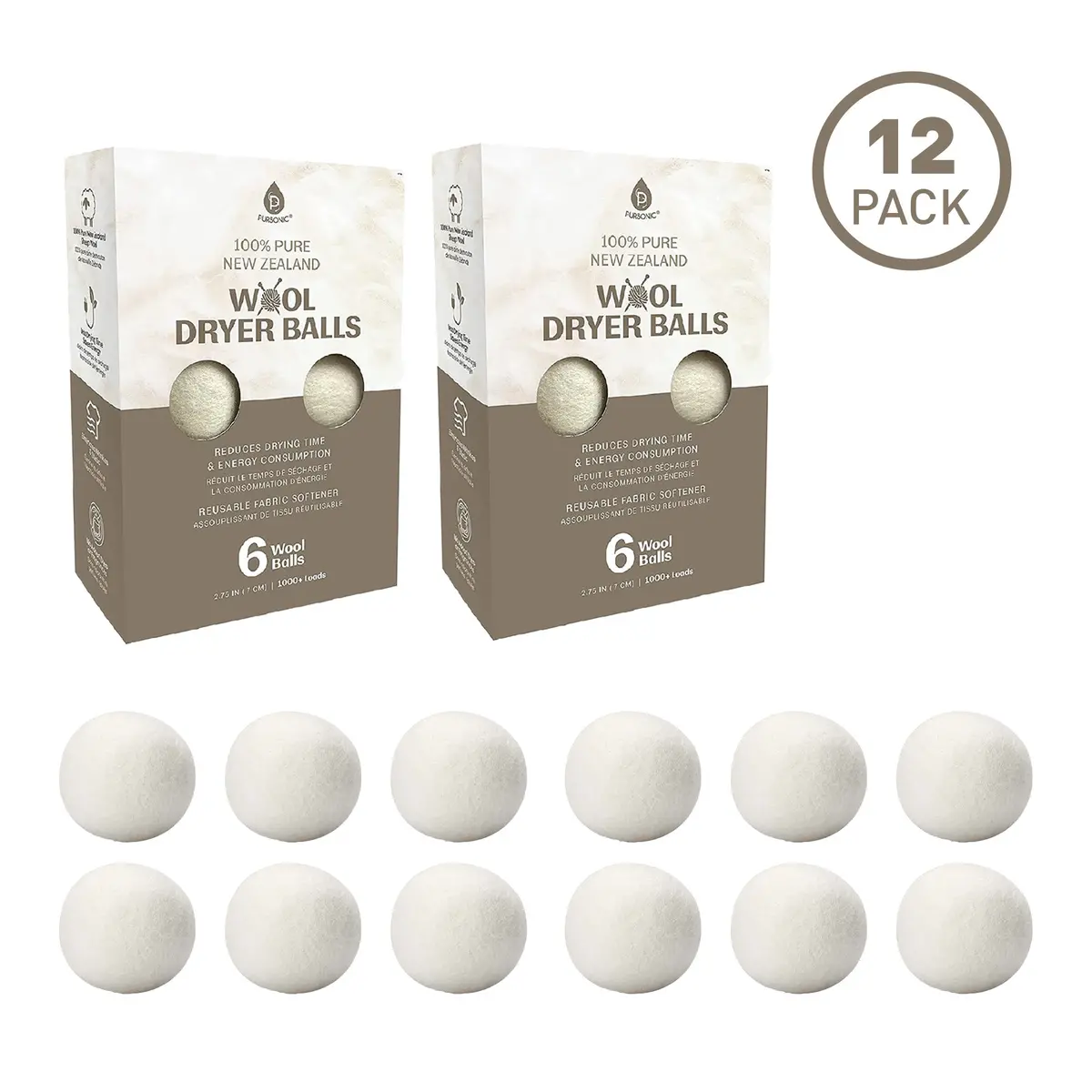 Pursonic 100% Pure New Zealand Wool Dryer Balls - 12 Pack 1