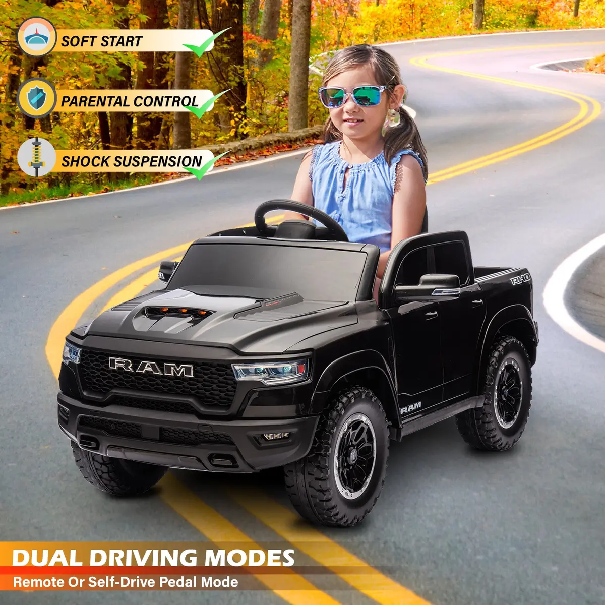 Licensed Ram 1500 12V Ride-On Truck For Kids Ages 3+, Electric Vehicle With Parent Remote Control, Dual Speed, Suspension, Led Lights, Mp3, Cargo Storage 6