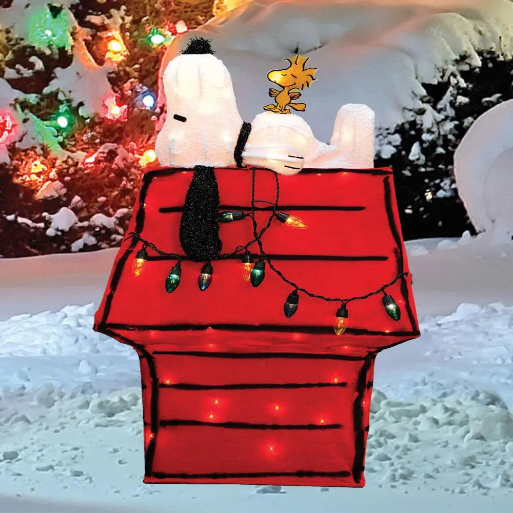 32" 3D Lighted Soft Tinsel Snoopy On Dog House Sculpture 1