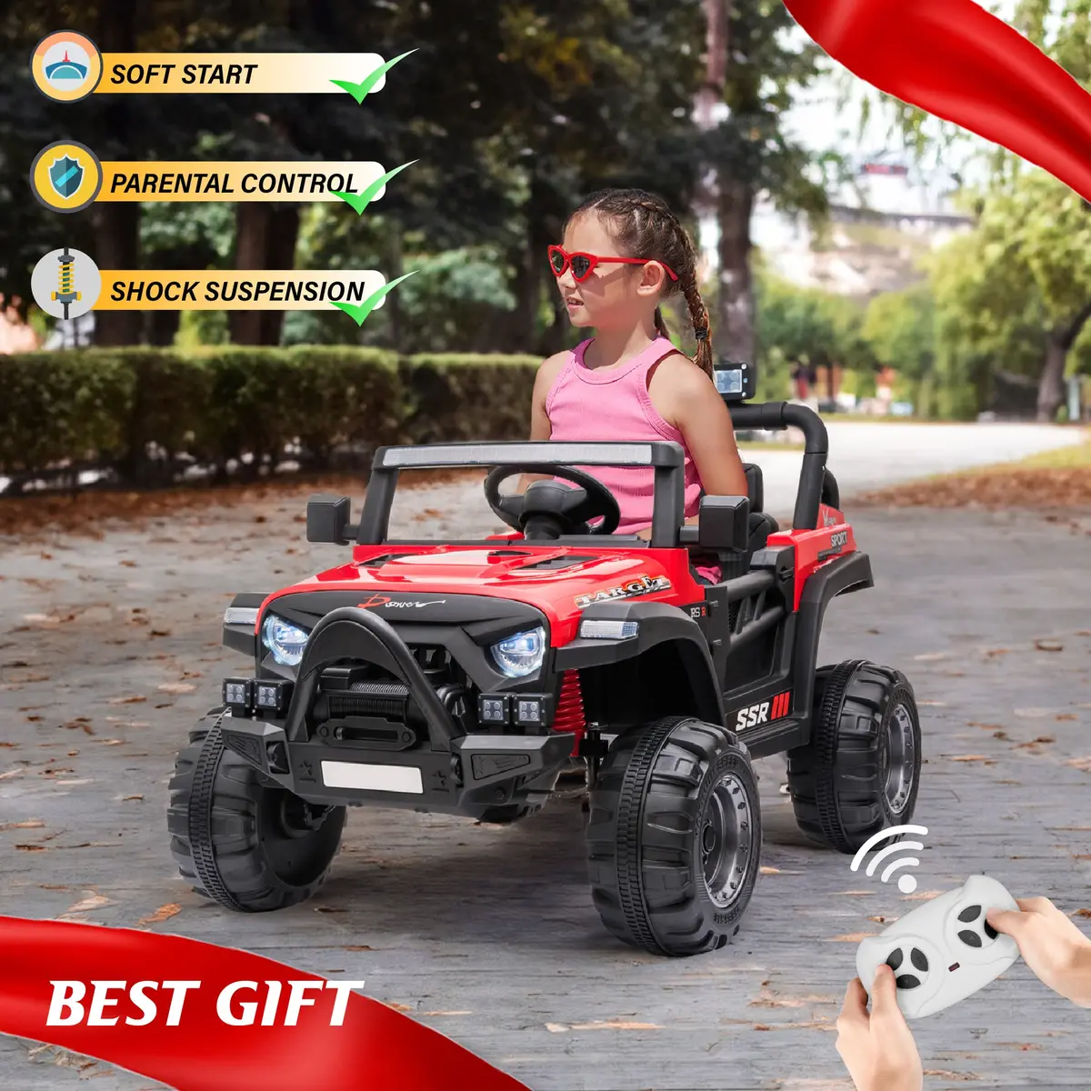 Jeep With Angry Face Grill 12V Kids Ride On Car Toy With Open Doors, Realistic Lights And Remote Control 3