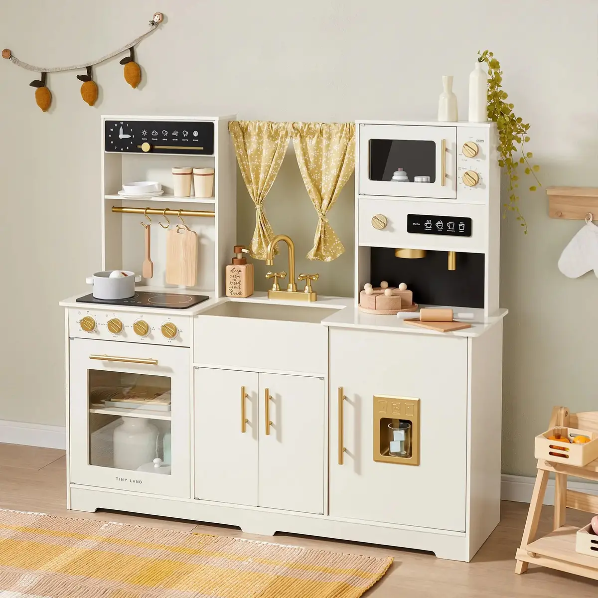 Tiny Land® Iconic Wooden Play Kitchen – Cream Pretend Cooking Set For Kids 1