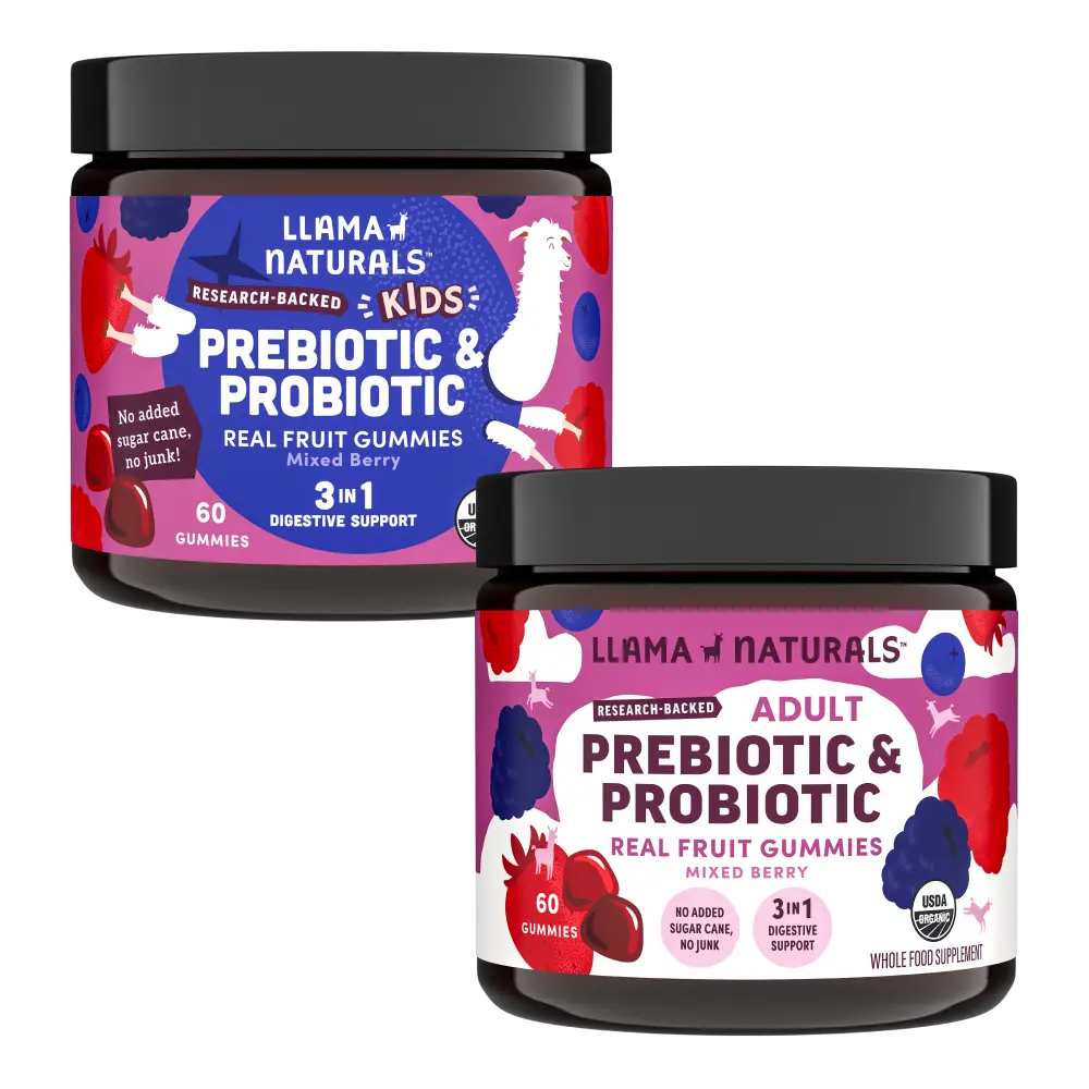 Llama Naturals Family Gut Support Bundle – Kids + Adult Pre & Probiotic Gummies – Mixed Berry 1