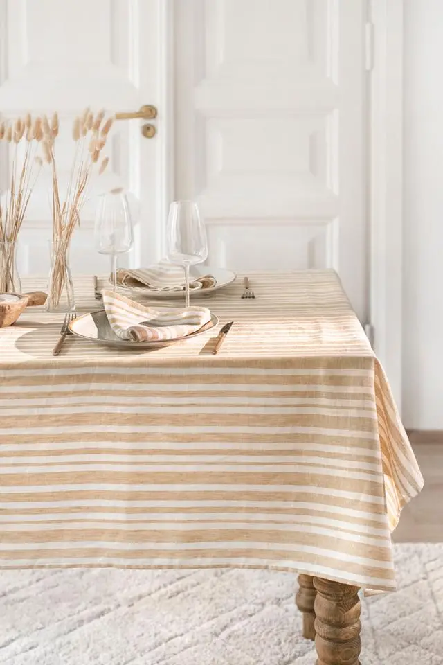Magiclinen Striped In Sandy Beige Linen Tablecloth 1