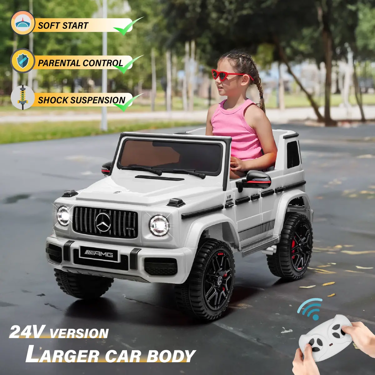 Mercedes Benz Amg G63 24V Kids' Ride On Car With Parental Remote Control, Led Lights, Leather Seat And Mp3, Licensed 3
