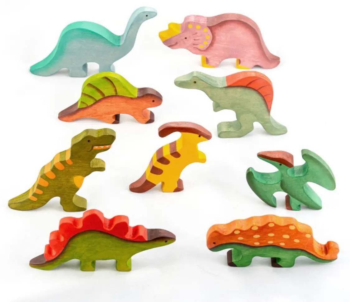 Poppybabyco Wooden Dinosaur Toys Set Painted- 9 Pieces 1
