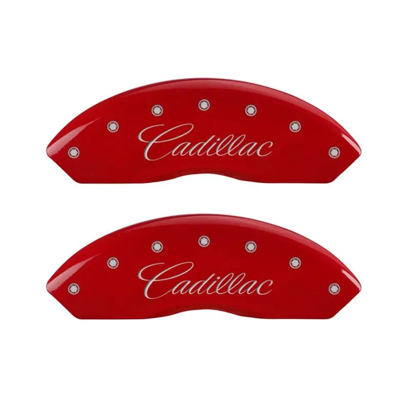 Mgp Engraved Caliper Covers — Front (Cursive) & Rear (Cadillac Logo) — Red Finish With Silver Chrome — For Cadillac Cts 1