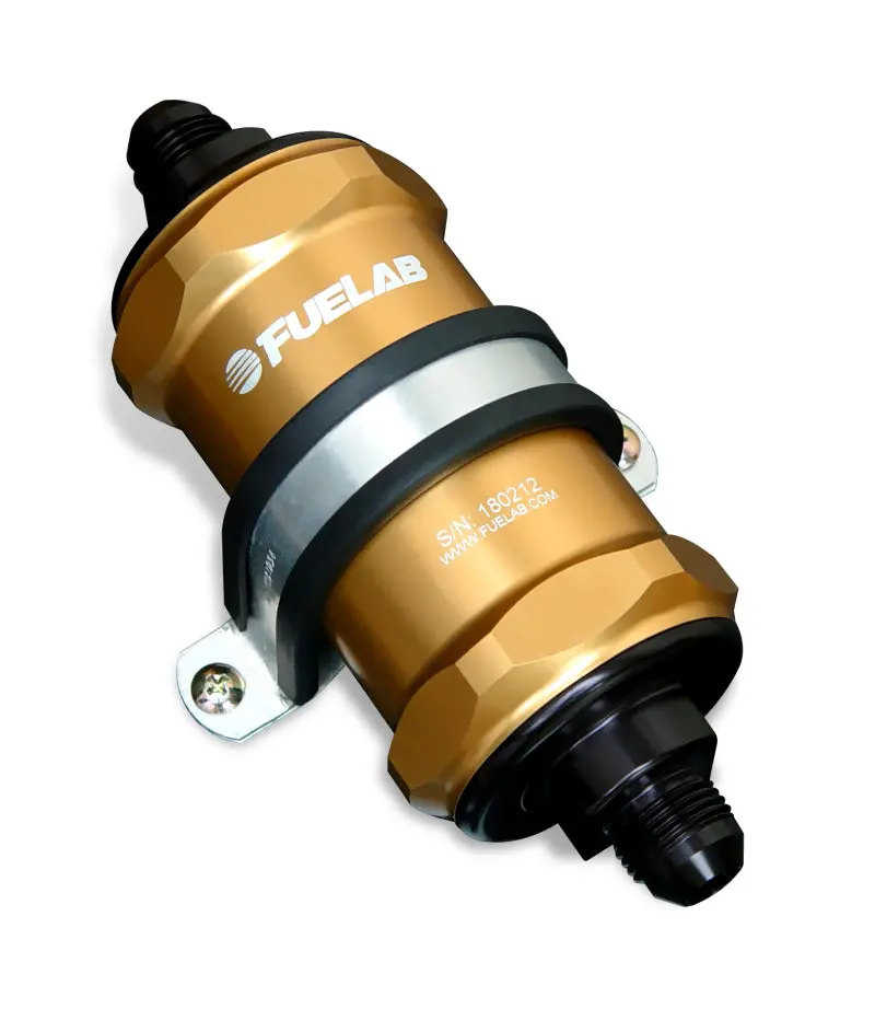 Fuelab 818 Inline Fuel Filter – Stainless Steel, -8An In / -6An Out, 100-Micron, Gold Finish 1