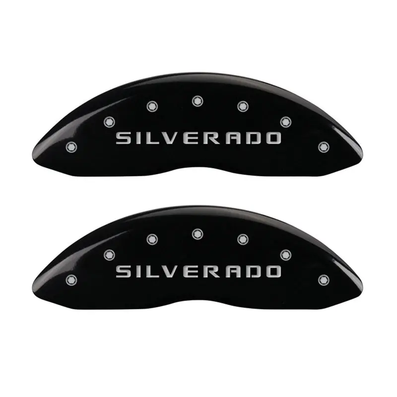 Mgp Front Set 2 Caliper Covers Engraved Front Silverado Black Finish Silver Ch 1