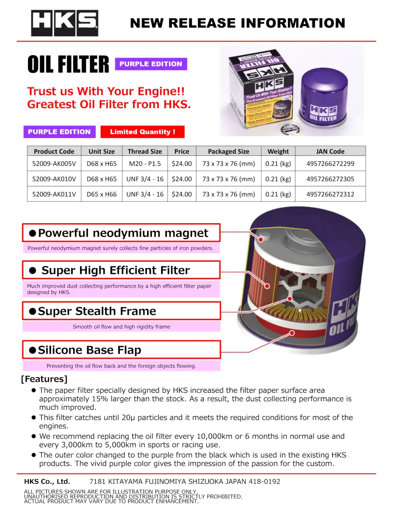 Hks Type 7 Oil Filter – 65Mm Thread, Purple Housing (H66 Unf) 1