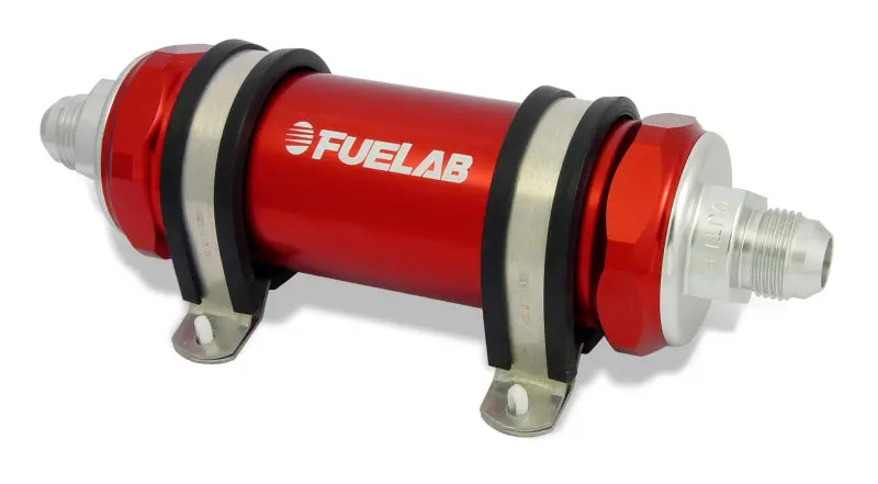 Fuelab 858 Long Inline Fuel Filter – -6An Inlet / -8An Outlet, 10-Micron Fabric With Integrated Check Valve, Red 1