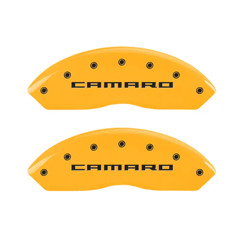 Mgp Engraved 4-Piston Caliper Covers – Front: Gen 5 Camaro, Rear: Gen 5 Rs, Yellow Finish W/ Black Chrome Accents 1